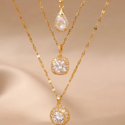 Collana in Rame Placcato Oro Minimalista Con Ciondolo in Zirconia a Goccia d'Acqua Quadrato Tondo Gioielli Semplici per Donna Regalo