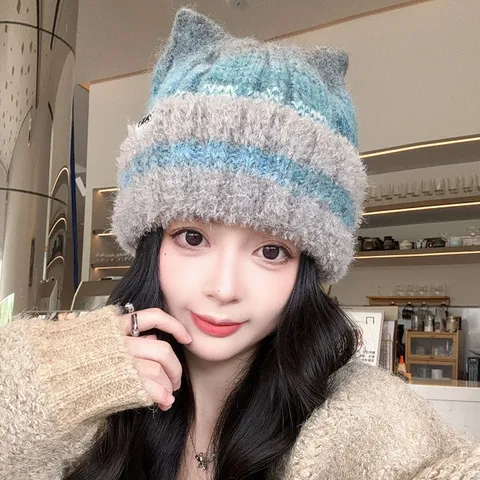 Gorro de Punto a Rayas de Peluche con Orejas de Gato para Mujer Otoño Invierno Cálido Sombrero de Ganchillo de Piel Sintética Gorro de Calavera Suave