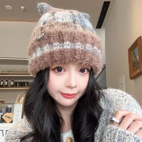 Gorro de Punto a Rayas de Peluche con Orejas de Gato para Mujer Otoño Invierno Cálido Sombrero de Ganchillo de Piel Sintética Gorro de Calavera Suave