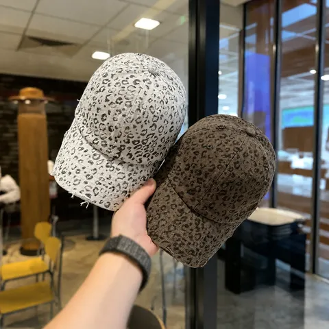Leopard Print Distressed Baseball Cap Women Vintage Fashion Wide Brim Hat Cotton Casual Adjustable Sun Hat