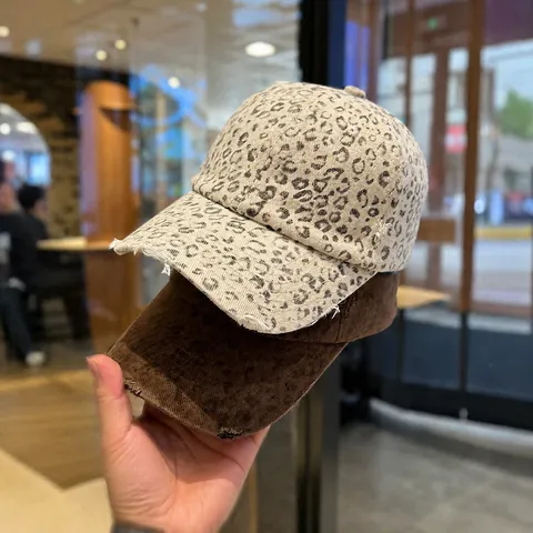 Leopard Print Distressed Baseball Cap Women Vintage Fashion Wide Brim Hat Cotton Casual Adjustable Sun Hat