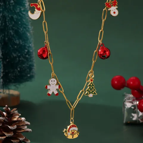 Collana con Ciondolo in Smalto di Natale in Acciaio Inossidabile per Donna Placcata in Oro Omino di Pan di Zenzero Albero