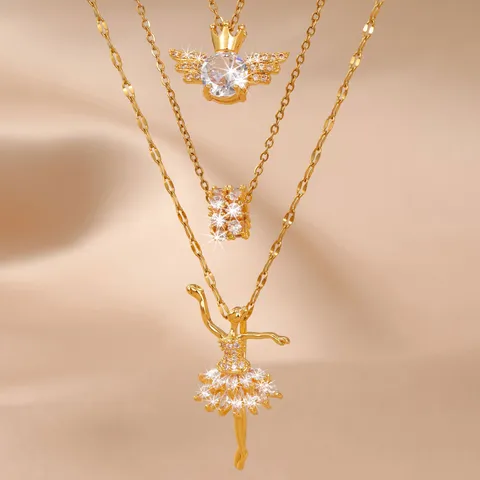 Lussuosa Collana a Strati in Rame Oro con Zirconia Ciondolo Ragazza di Balletto per Donna Corona Ali Regolabile Gioielli da Festa