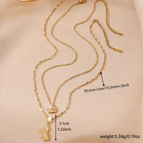 Collana a Doppio Strato in Acciaio Inossidabile con Zirconia Orso Stella Corona per Donna Gioielli con Catena Regolabile Placcata Oro