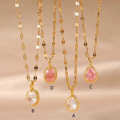 Collana con Pendente in Acciaio Inossidabile Placcato Oro e Zirconia per Donna Gioielli in Cristallo Ovale a Goccia Regolabili
