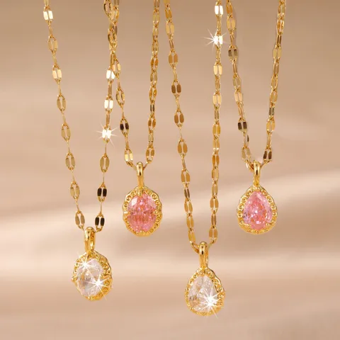 Collana con Pendente in Acciaio Inossidabile Placcato Oro e Zirconia per Donna Gioielli in Cristallo Ovale a Goccia Regolabili