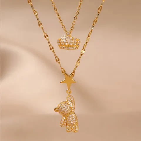 Collana a Doppio Strato in Acciaio Inossidabile con Zirconia Orso Stella Corona per Donna Gioielli con Catena Regolabile Placcata Oro