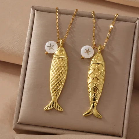 Collana con Ciondolo a Pesce in Acciaio Inossidabile Placcato Oro per Donna Regolabile Finitura Oro 18K Gioiello Animale Pesce Tropicale Bifacciale Regalo