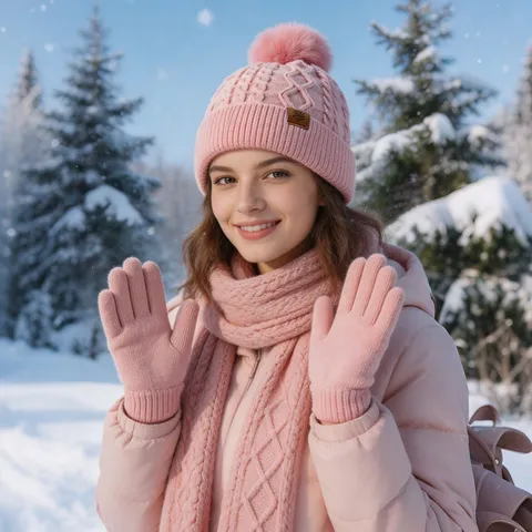 Ensemble Tricoté d'Hiver pour Femmes Comprenant un Bonnet à Pompon une Écharpe et des Gants Doublés Polaire Design Torsadé Mode