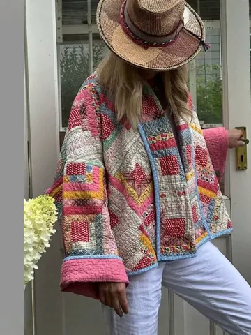 Veste Rembourrée en Coton Courte Rétro Imprimé Floral Patchwork Femme Hiver Ouverte Manches Longues Décontractée