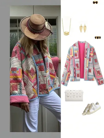 Veste Rembourrée en Coton Courte Rétro Imprimé Floral Patchwork Femme Hiver Ouverte Manches Longues Décontractée
