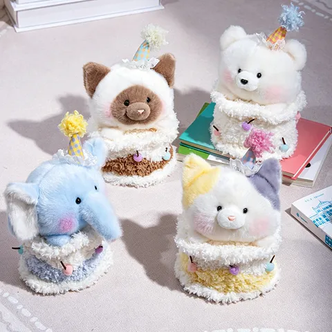 Cute Birthday Cake Plush Toy Creative Animal Bear Rabbit Elephant Stuffed Doll With Party Hat Retractable Fun Doll For Kids Gift Home Decoration