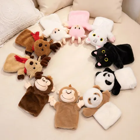 Cartoon Dier Pluche Handpoppen Polyester Panda Hert Aap Kat Paard Lam Zacht Gevuld Poppenspeelgoed Voor Kinderen Interactief Spel