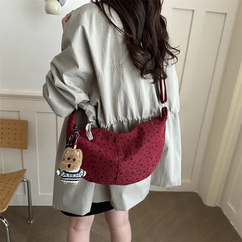 Koreanischer Lazy-Stil Cord Stern Druck Schulter Tote Tasche Große Kapazität Hobo Tasche Für Damen Mit Süßem Plüsch-Anhänger