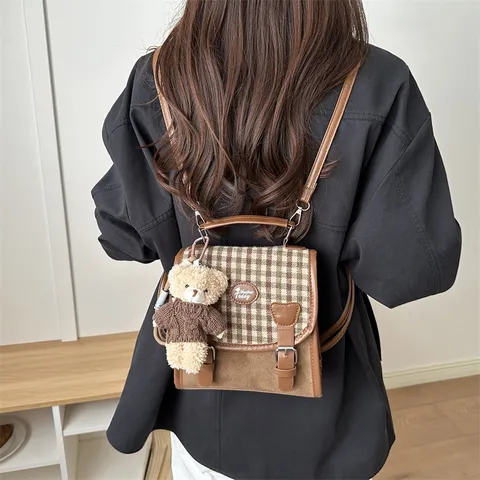 Women Korean Preppy Style Plaid Backpack Vintage Brown Patchwork Small School Bag With Teddy Bear Charm For Students Daily
