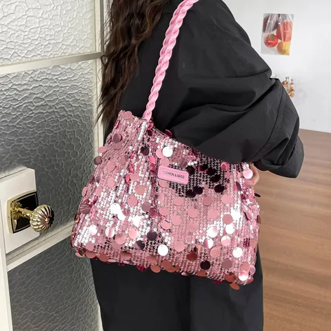 Women Large Sequin Shoulder Tote Bag Trendy Woven Handle Underarm Bag Shiny Urban Minimalist Large Capacity Bucket Handbag