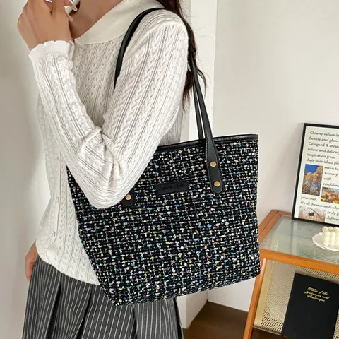 Dames Grote Capaciteit Tweed Tote Bag Mode Geweven Schoudertas Urban Minimalistisch Synthetisch Leer Handvat Handtas