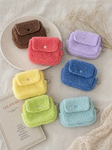 Cute Plush Flap Coin Purse Sherpa Fleece Mini Card Holder Portable Earphone Lip Gloss Storage Pouch Soft Small Wallet For Women Girls