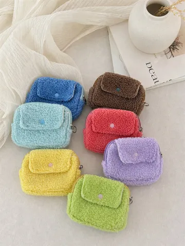 Cute Plush Flap Coin Purse Sherpa Fleece Mini Card Holder Portable Earphone Lip Gloss Storage Pouch Soft Small Wallet For Women Girls