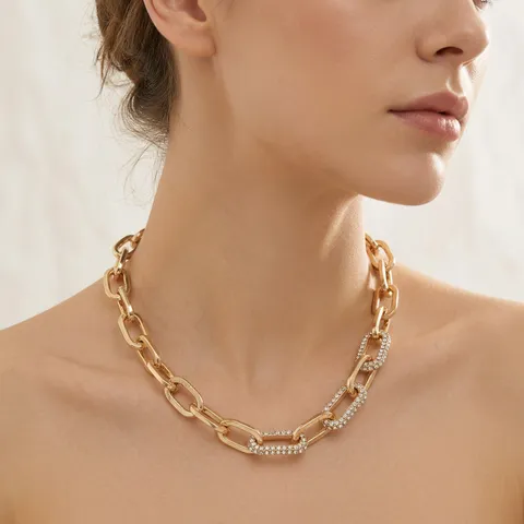 Stainless Steel Rhinestone Paperclip Chain Necklace Gold And Silver Plated Vintage Chic Women Jewelry Choker