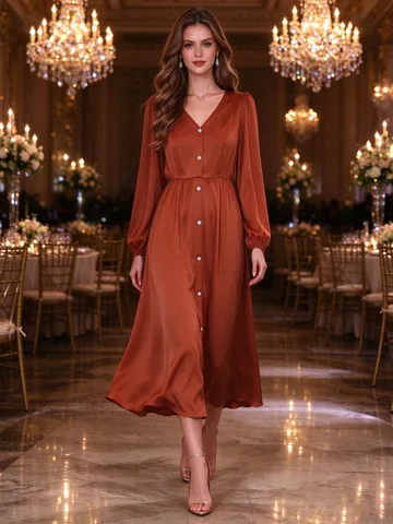 Women Urban Elegant Satin Midi Dress V-Neck Elastic Waist Faux Button Placket Solid Color Long Sleeve Dress