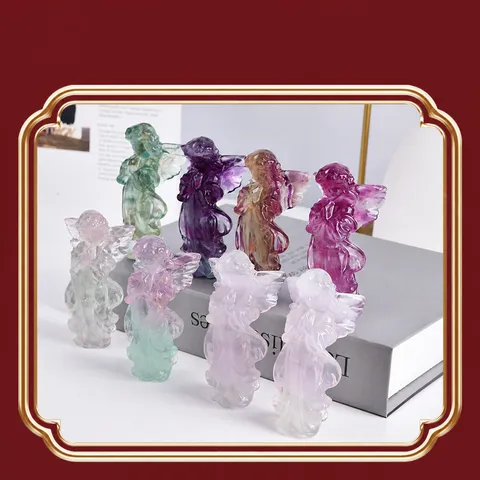 Natural Fluorite Angel Figurine Crystal Praying Girl Statue Healing Stone Home Decor Desk Ornament Meditation Gift