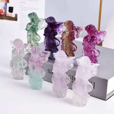 Natural Fluorite Angel Figurine Crystal Praying Girl Statue Healing Stone Home Decor Desk Ornament Meditation Gift