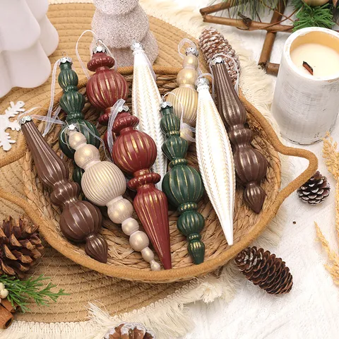 10Pcs Vintage Christmas Finial Ornaments Set Multicolor PVC Textured Tree Decoration For Holiday Home Party DIY Hanging Baubles
