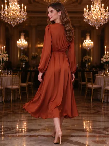 Women Urban Elegant Satin Midi Dress V-Neck Elastic Waist Faux Button Placket Solid Color Long Sleeve Dress