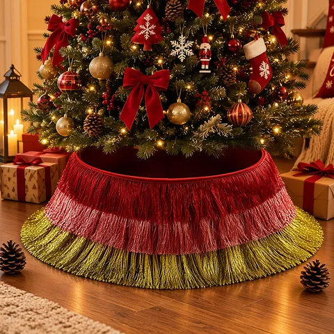 Kerstboomkraag Meerlaagse Kwastje Boomrok Rood Roze Goud Gradiënt Kwastje Decoratie Voor Kerstboom Basis Huis Decoratie