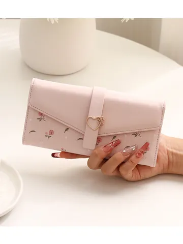 Women Long Wallet Korean Style Heart Floral Print PU Leather Tri-fold Clutch Student Multi-card Slot Purse Handbag