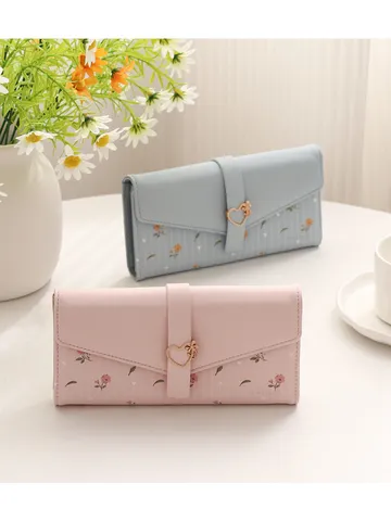 Women Long Wallet Korean Style Heart Floral Print PU Leather Tri-fold Clutch Student Multi-card Slot Purse Handbag