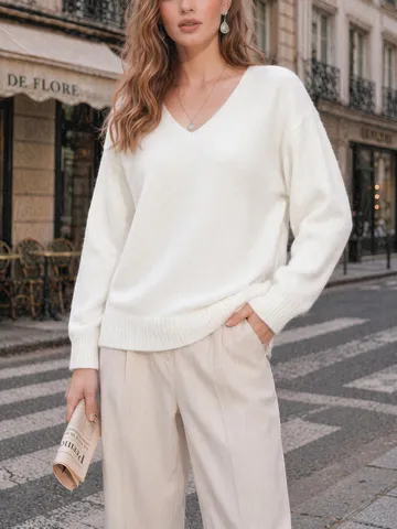 Pull-over Décontracté à Col V et Manches Longues en Polyester pour Femmes Tricot Uni Basic Mode