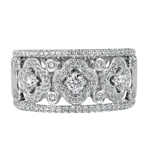 Luxury Silver Color Hollow Lace Clover Wide Band Ring For Women Shining Rhinestone Inlaid Geometric Finger Ring Jewelry Gift
