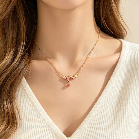 Luxury Gold Plated Copper EKG Heartbeat Pendant Necklace Micro Pave Rhinestone Heart Charm Fashion Jewelry For Women Gift