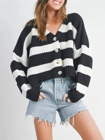 Femmes Décontracté Rayé Manches Longues Col en V Cardigan en Tricot Ample Pull Boutonné Printemps Automne Mode
