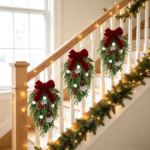 Christmas Teardrop Swag Wreath With Red Velvet Bow Pine Needles Artificial Berries Pinecones Snowflake Hanging Ornament For Front Door Stairs Fireplace Home Decoration