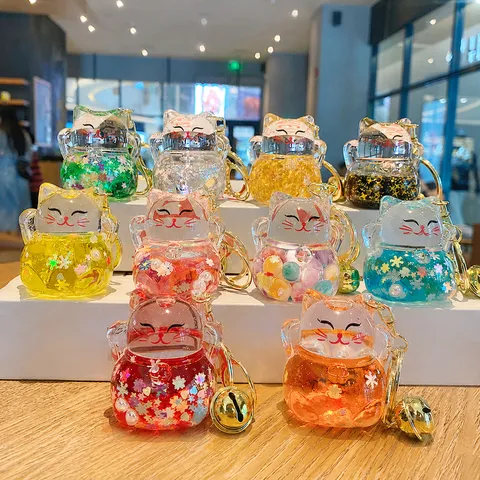 Portachiavi Creativo Gatto Portafortuna Sabbia Mobile Liquida Carino Acrilico Riempito d'Olio Ciondolo Galleggiante Borsa Anello Chiave Auto Regalo
