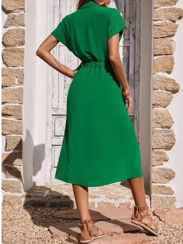 Robe Chemise Décontractée Style Resort pour Femmes Manches Courtes Boutonnée Robe Midi Trapèze Avec Ceinture Polyester Couleur Unie