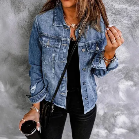 Γυναικείο Casual Tzin Jacket Makry Maniki Lapel Monopeto Ftharmeno Plimeno Ble Palto Tsepes Moda Streetwear
