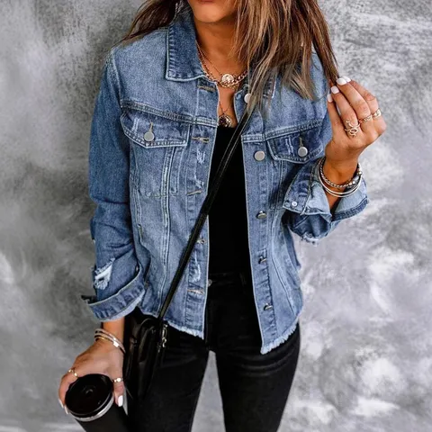 Veste en Denim Décontractée pour Femmes Manches Longues Revers Boutonnage Simple Délavé Lavé Bleu Manteau Poches Mode Streetwear
