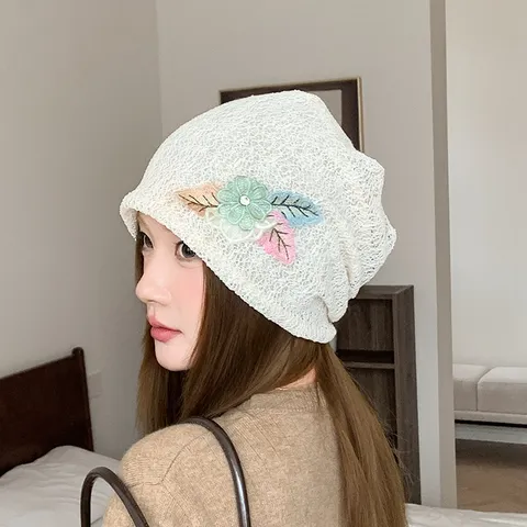 Women Retro Morigirl Flower Slouchy Beanie Korean Hollow Mesh Breathable Hood Hat Lightweight Floral Embroidery Confinement Cap