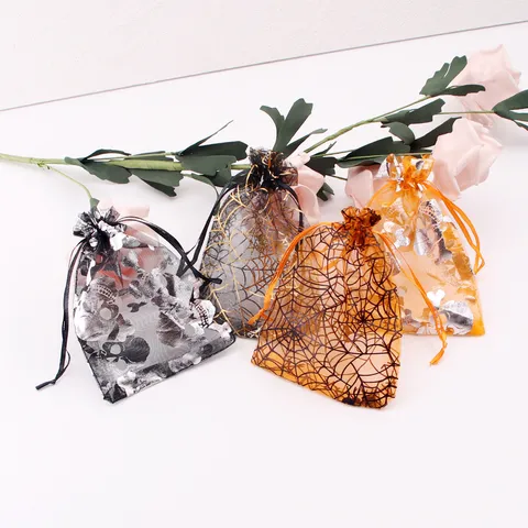 Halloween Party Candy Bags Skeleton Bat Spider Web Organza Drawstring Bags Gift Packaging Bags For Jewelry Party Favors Decor