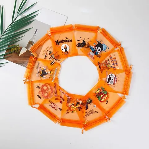 Halloween Drawstring Organza Gift Bags Pumpkin Ghost Witch Print Candy Favor Pouches For Halloween Party Treats Jewelry Small Gifts