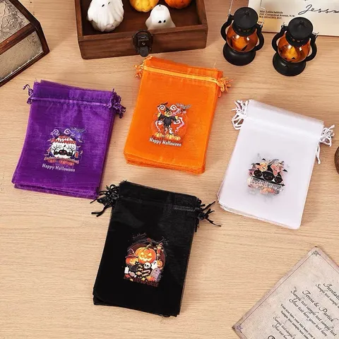Halloween Drawstring Organza Gift Bags Pumpkin Ghost Witch Print Candy Favor Pouches For Halloween Party Treats Jewelry Small Gifts