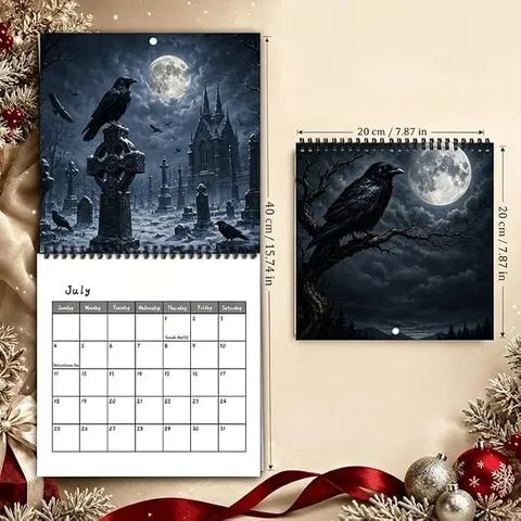 Calendario de Pared 2027 Raven and Crow Estilo Arte Gótico Oscuro Ilustración Luna Llena Árbol Muerto Decoración Hogar