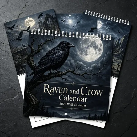 Calendario de Pared 2027 Raven and Crow Estilo Arte Gótico Oscuro Ilustración Luna Llena Árbol Muerto Decoración Hogar