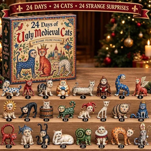 Medieval Cats Advent Calendar Blind Box Acrylic Printed Feline Figures Christmas Tree Hanging Ornaments Decor Holiday Gift