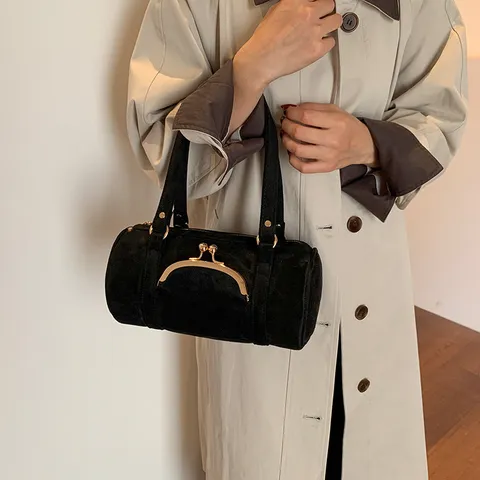 Women Retro Faux Suede Cylinder Pillow Bag Korean Style Fashion Shoulder Bag With Gold Kiss-Lock Metal Closure Solid Color Handbag