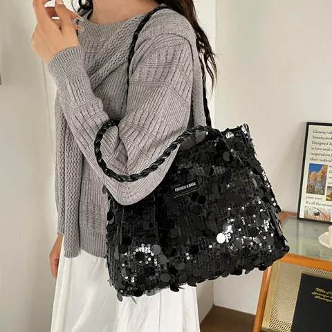 Women Large Capacity Sequin Bucket Shoulder Bag Fashion Shiny Sequin Tote Bag With Woven Handle For Daily Commute Casual Travel Bag